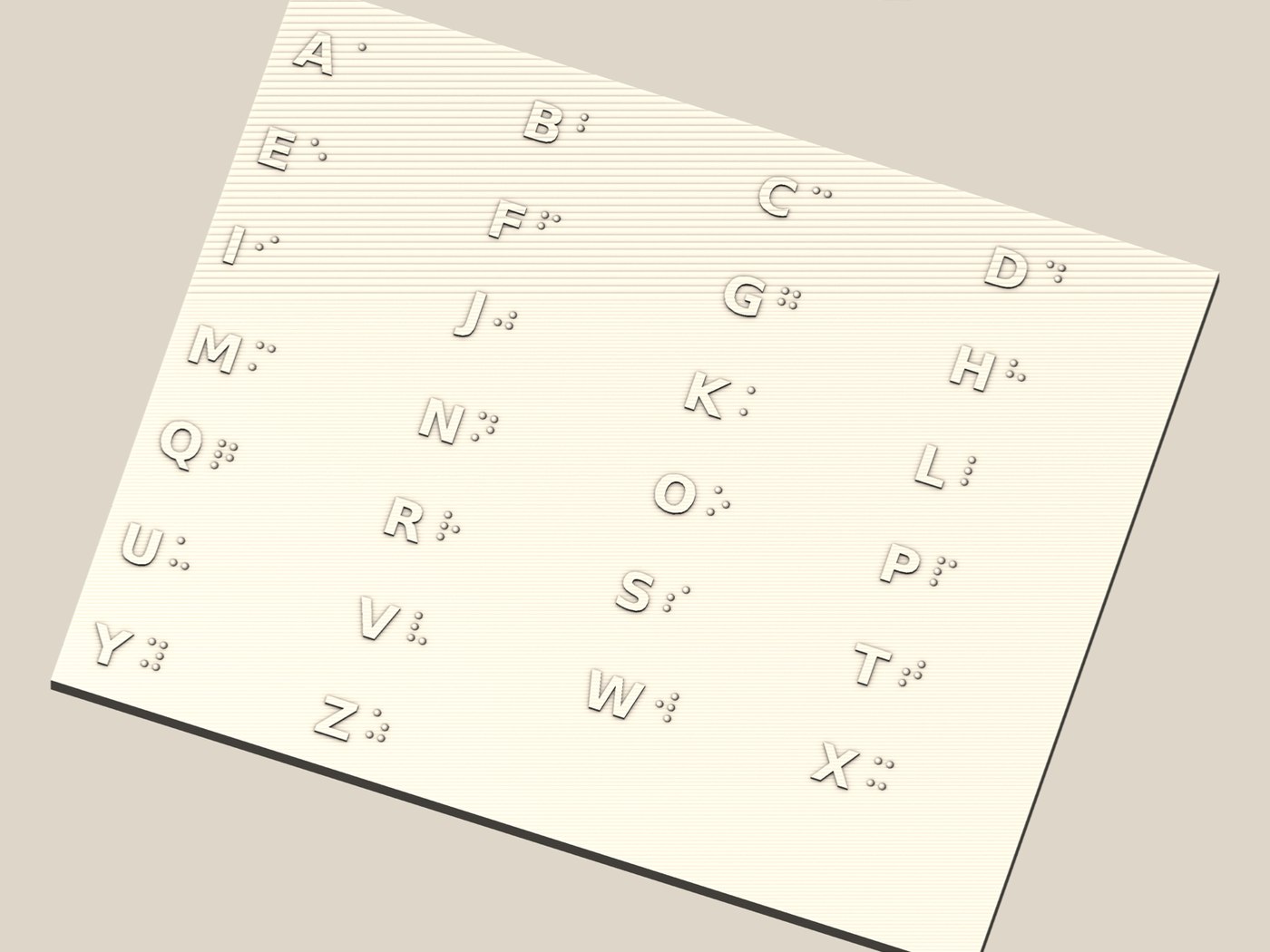 Render of the braille alphabet card: A to Z laid out in columns, each raised print letter followed by the same letter as a braille cell of domed dots.