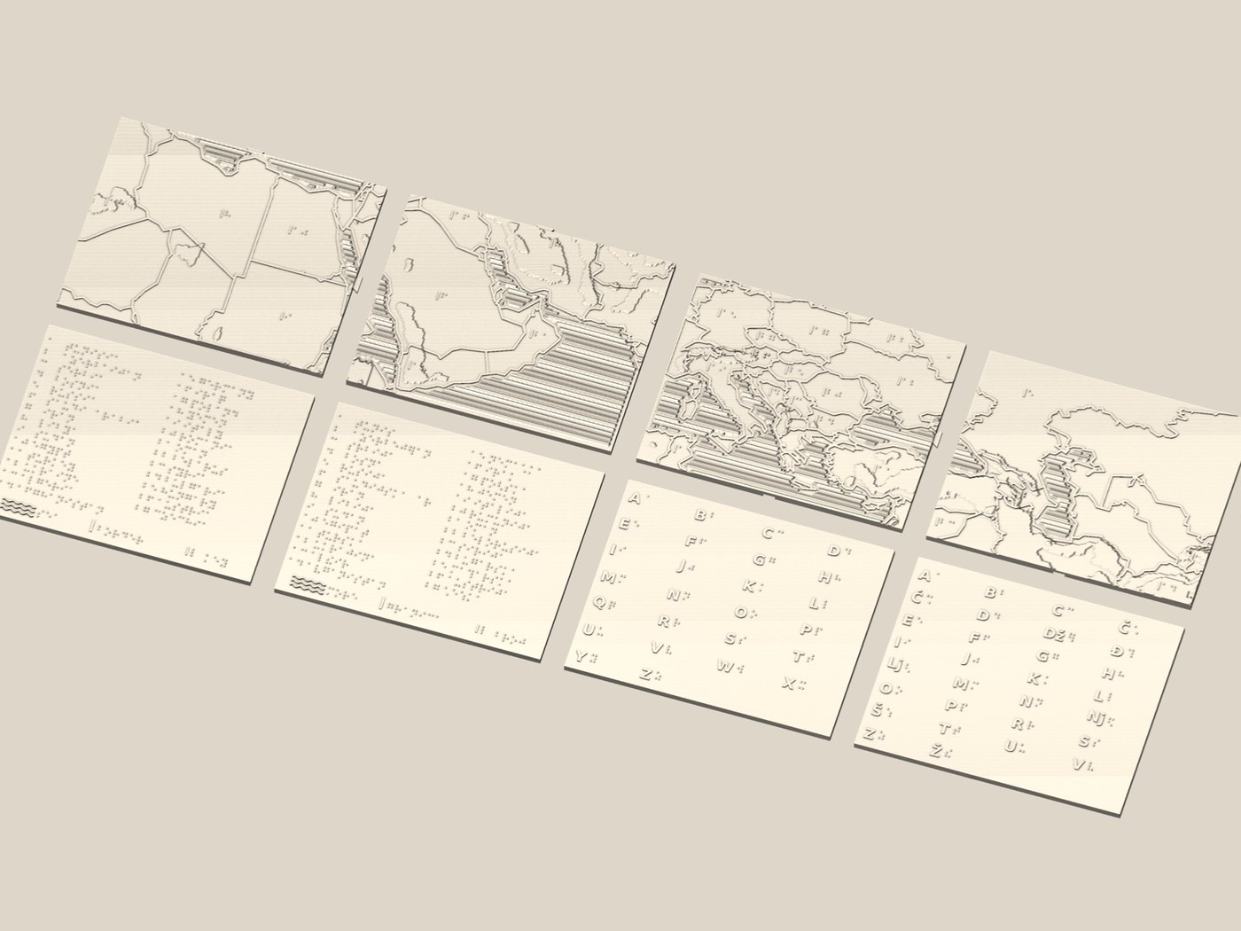 Render of the eight print-ready plates laid out in two rows: four map tiles, two braille legend cards and two braille alphabet cards.