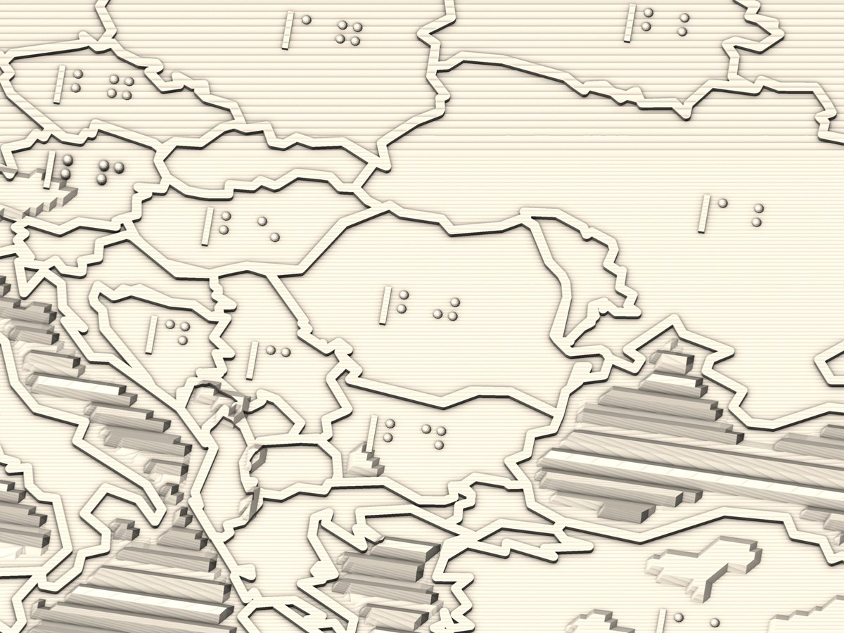 Render of the same corner of the map from the current files: each country now carries a braille number label, a short upright anchor ridge followed by braille cells of domed dots, instead of a printed digit.