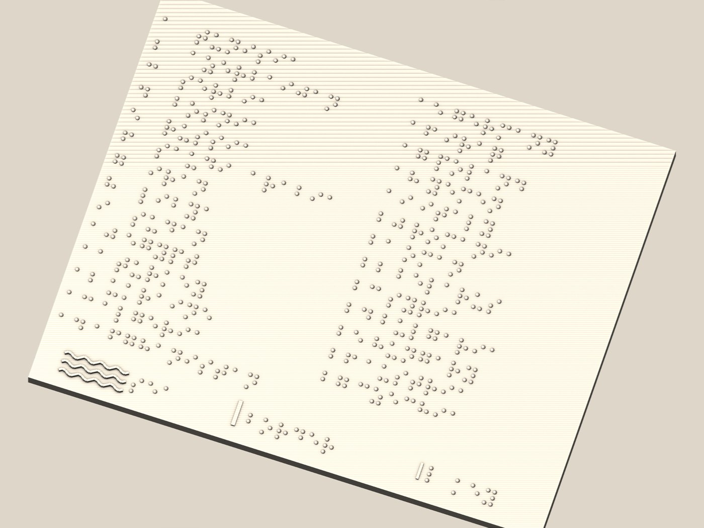 Render of the braille legend card: two columns of country names in braille, with a ribbed sea sample, a border sample and a braille number key along the bottom edge.