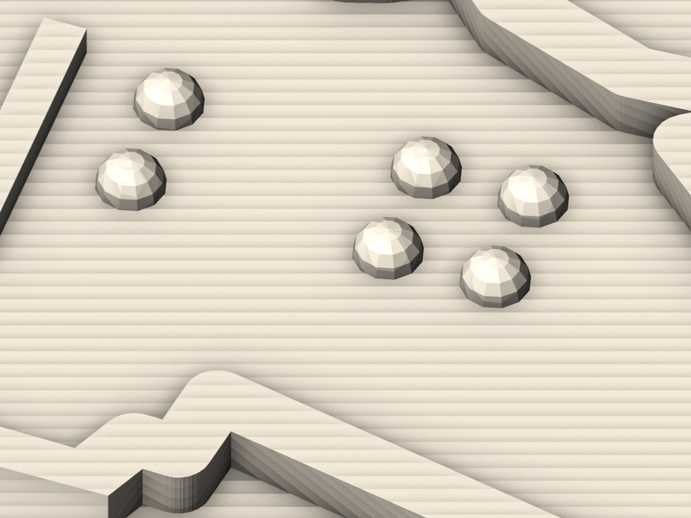 Close render of a single braille number label on the map: a narrow upright anchor ridge on the left, then braille cells of rounded domed dots raised above the plate, with a border ridge running past.