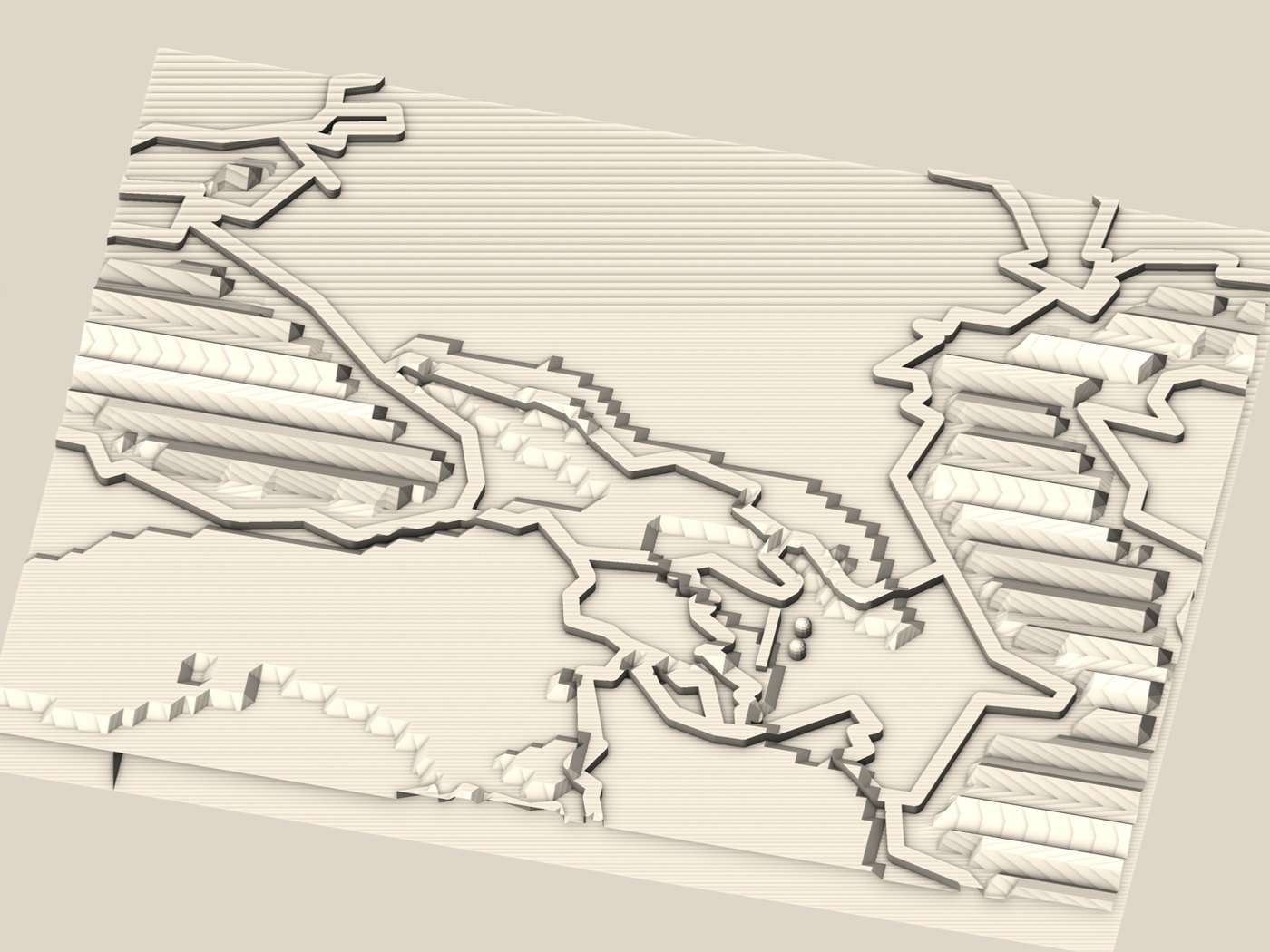 Render of the map around the Black Sea, the Caucasus and the Caspian: the seas are ribbed with parallel waves and the land rises in flat stepped plateaus towards the mountain ranges.